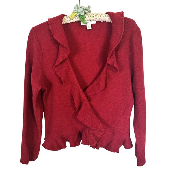 Liz Claiborne Womens Wool Cardigan Sweater XL Long Sleeve Vtg Red Ruffled - Picture 1 of 8
